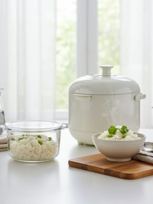 a bowl of rice in the table with the rice cooker