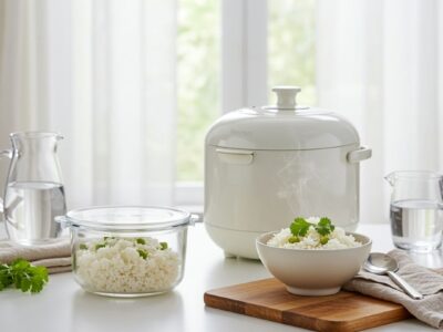 a bowl of rice in the table with the rice cooker
