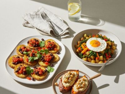 Three plated potato-based dishes including tostadas, a veggie hash with a fried egg, and stuffed sweet potatoes, on a sunlit table with a glass of lemon water.